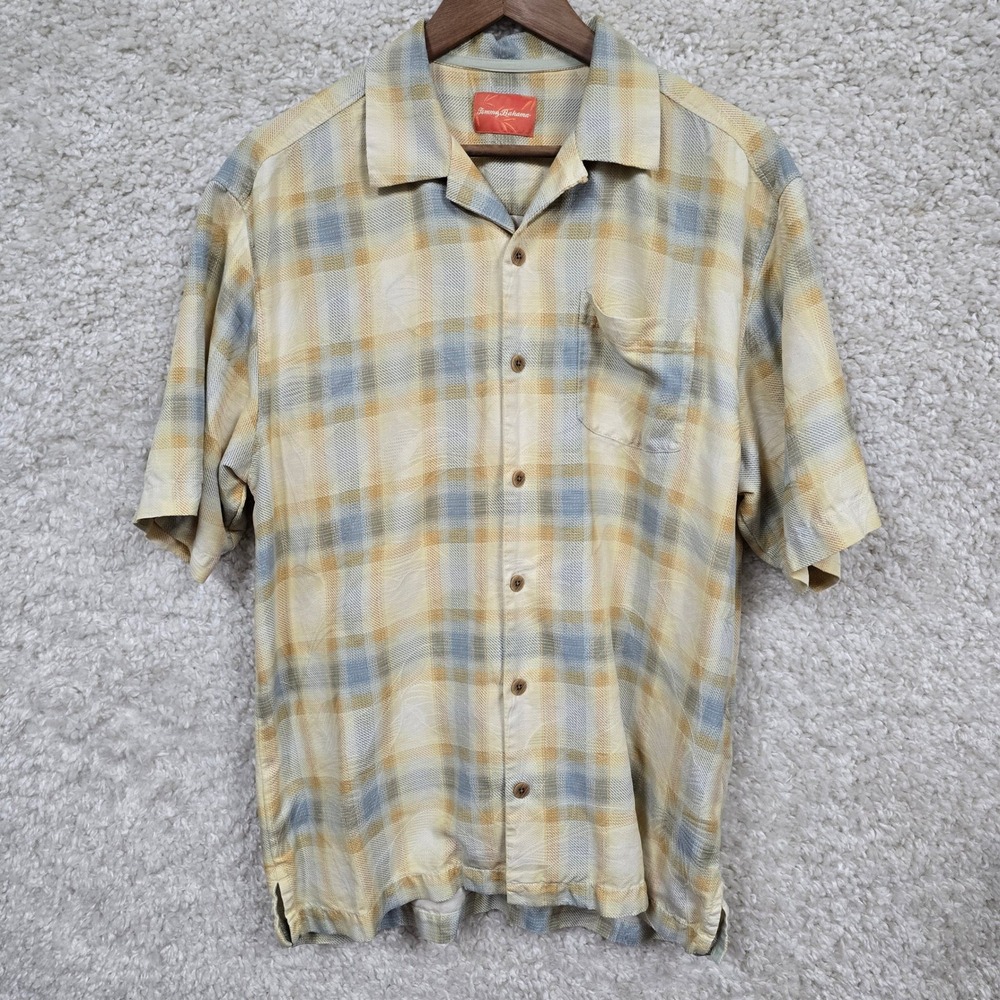 Tommy Bahama Camp Shirt Mens Medium Yellow Blue Plaid‎ 100% Silk Resort Coastal